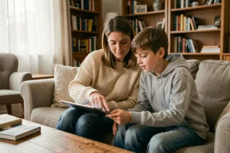 Une mère et son fils regardent ensemble une tablette dans le salon, illustrant la gestion parentale du temps d'écran en famille
