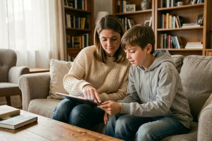 Une mère et son fils regardent ensemble une tablette dans le salon, illustrant la gestion parentale du temps d'écran en famille