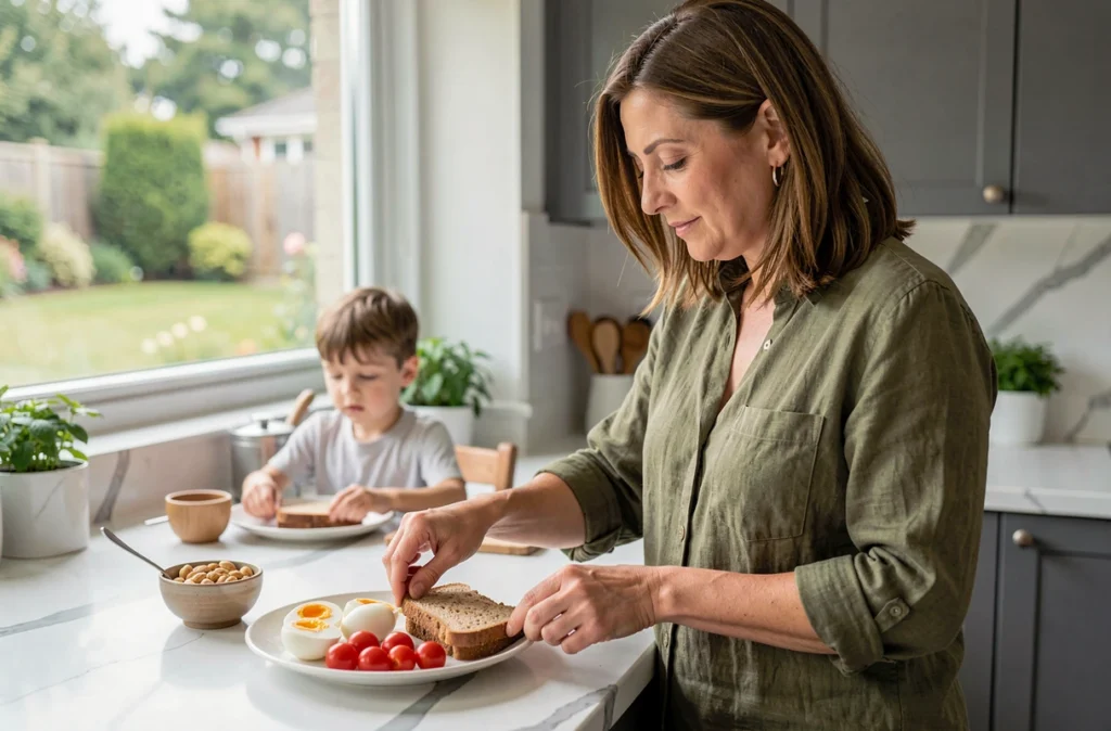 Mère préparant un petit-déjeuner sain et équilibré pour son enfant dans une cuisine moderne avec œufs, pain complet et légumes frais