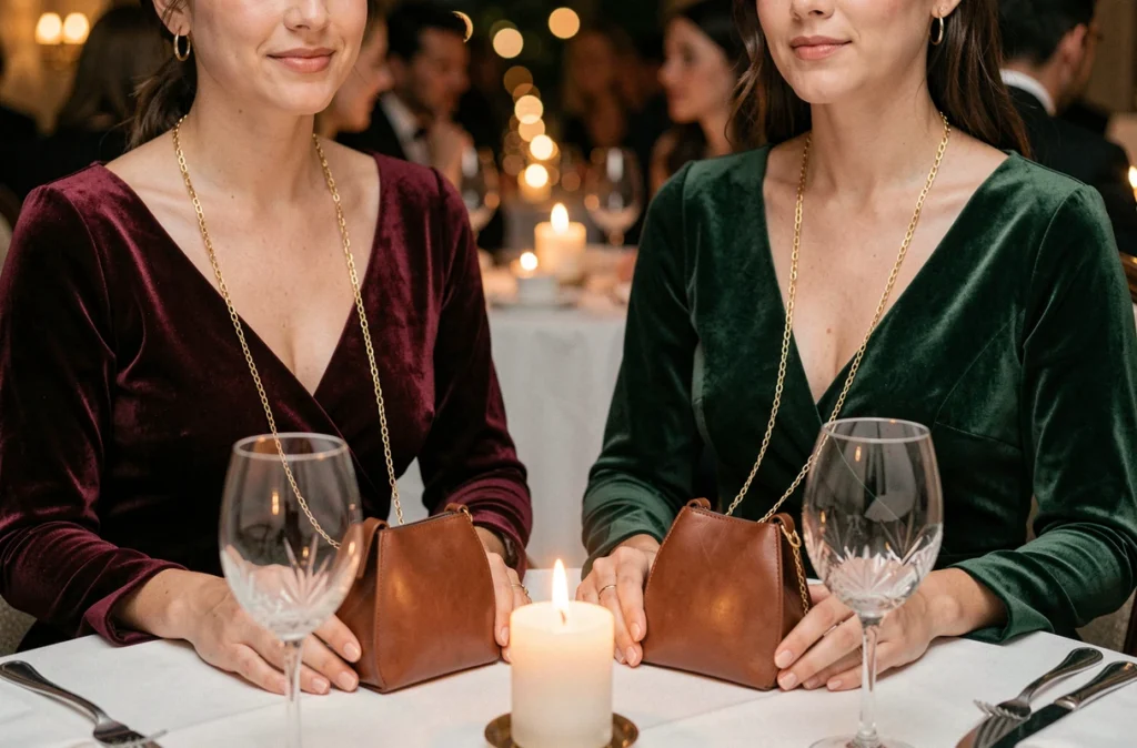 Deux femmes en tenue de velours soirée avec des micro-sacs en cuir dorés posés sur une table de restaurant chic