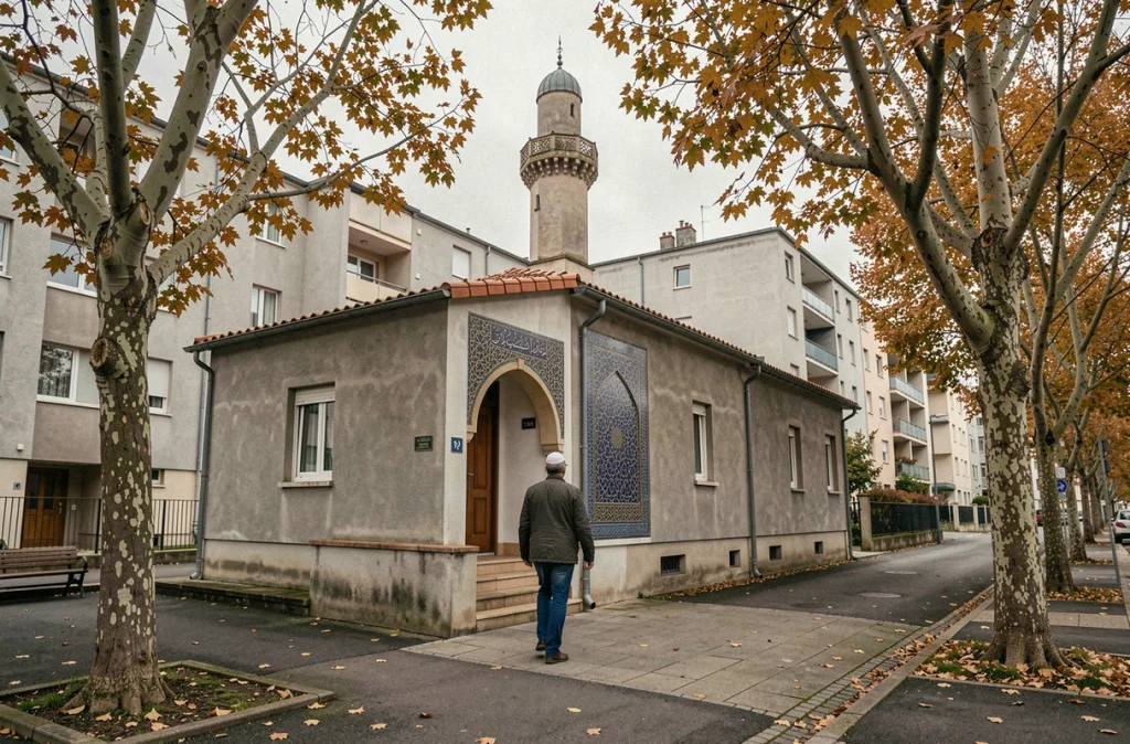 Mosquée de quartier dans une banlieue française avec un homme se rendant à la prière, illustration des horaires de prière à Vénissieux