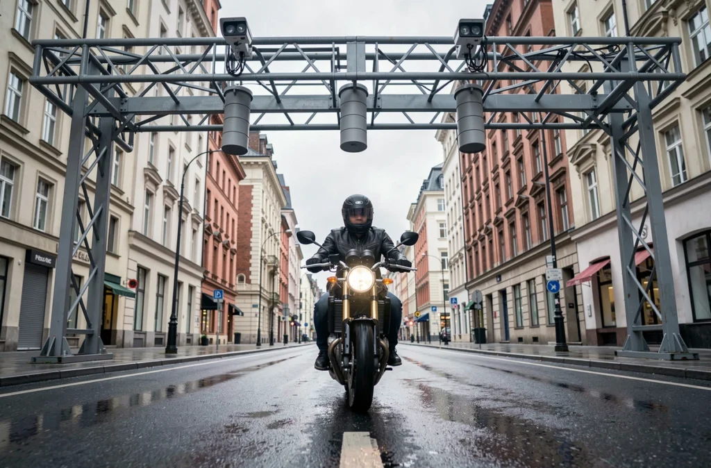 Moto passant sous un portique de contrôle acoustique et radar sur une route urbaine