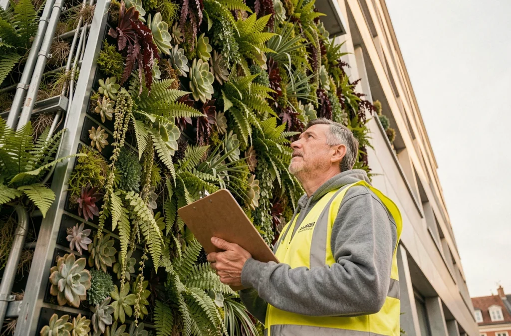 Technicien inspectant un mur végétal sur la façade d'un bâtiment municipal à Bordeaux