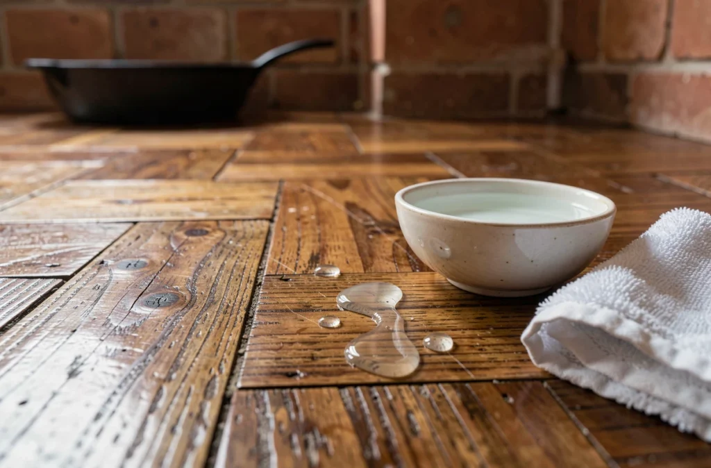 Gros plan sur un parquet en bois naturel entretenu avec une solution de vinaigre blanc et un chiffon microfibre
