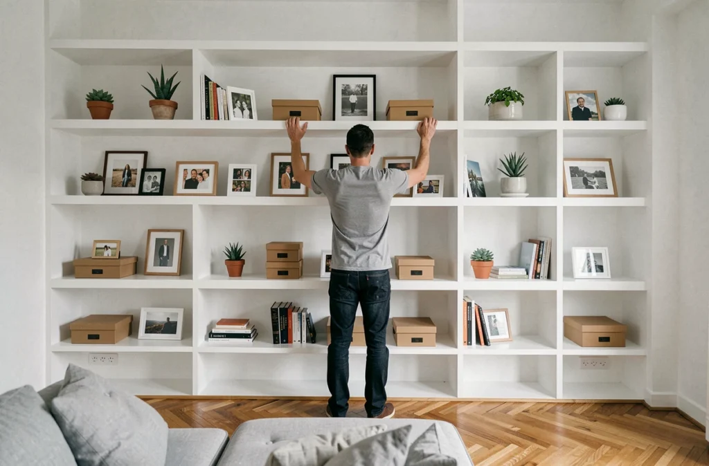 Homme organisant des étagères de salon avec des cadres photos et des plantes succulentes