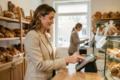 Femme payant avec son smartphone par NFC dans une boulangerie de quartier, nouveaux moyens de paiement sans contact