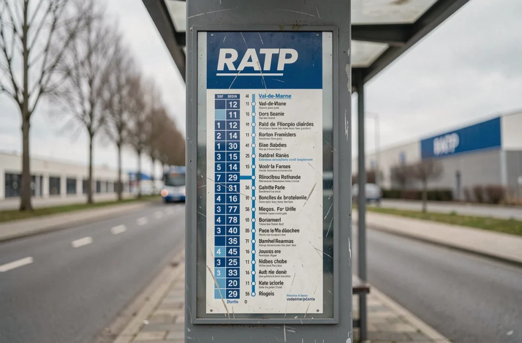Panneau d'arrêt de bus RATP indiquant l'itinéraire de la ligne 192 à Rungis