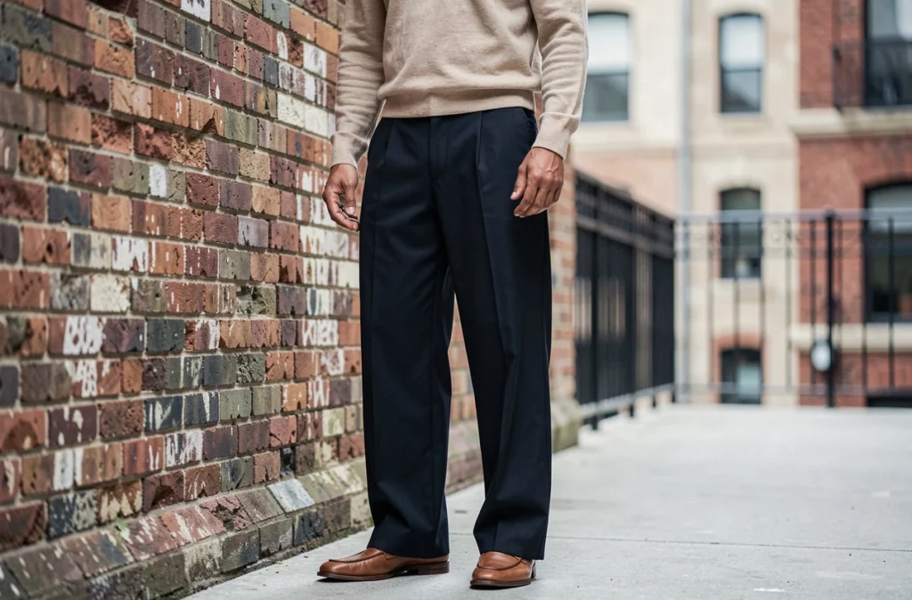 Homme en pantalon large bleu marine et pull beige devant un mur de briques urbain, style mode masculine contemporaine