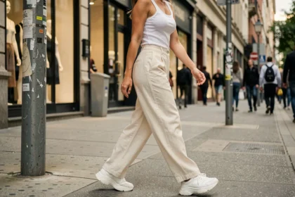 Jeune femme portant un pantalon large en lin crème dans une rue urbaine animée, tendance mode automne