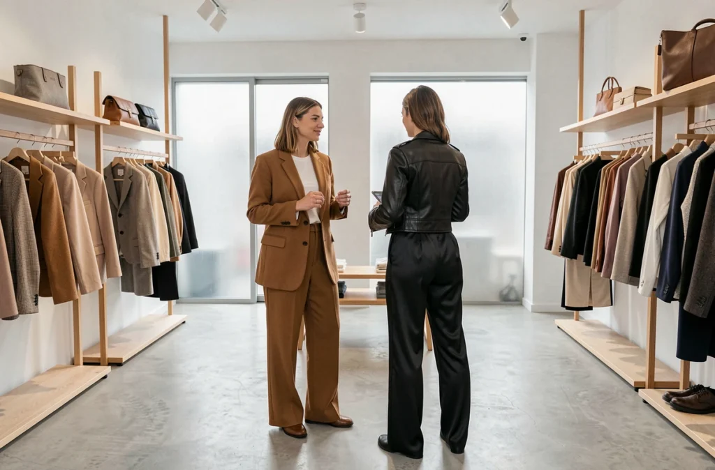Deux femmes essayant des pantalons larges tendance dans un concept store urbain moderne, mode automne-hiver