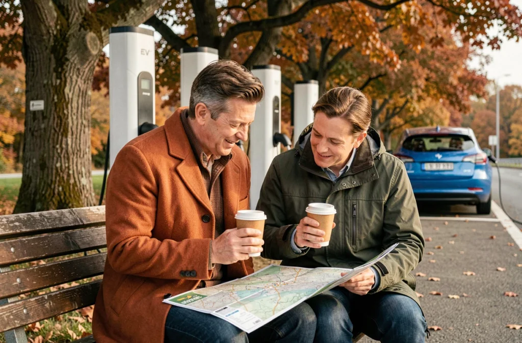 Couple faisant une pause café près de bornes de recharge rapide dans une aire autoroutière entourée d'arbres en automne
