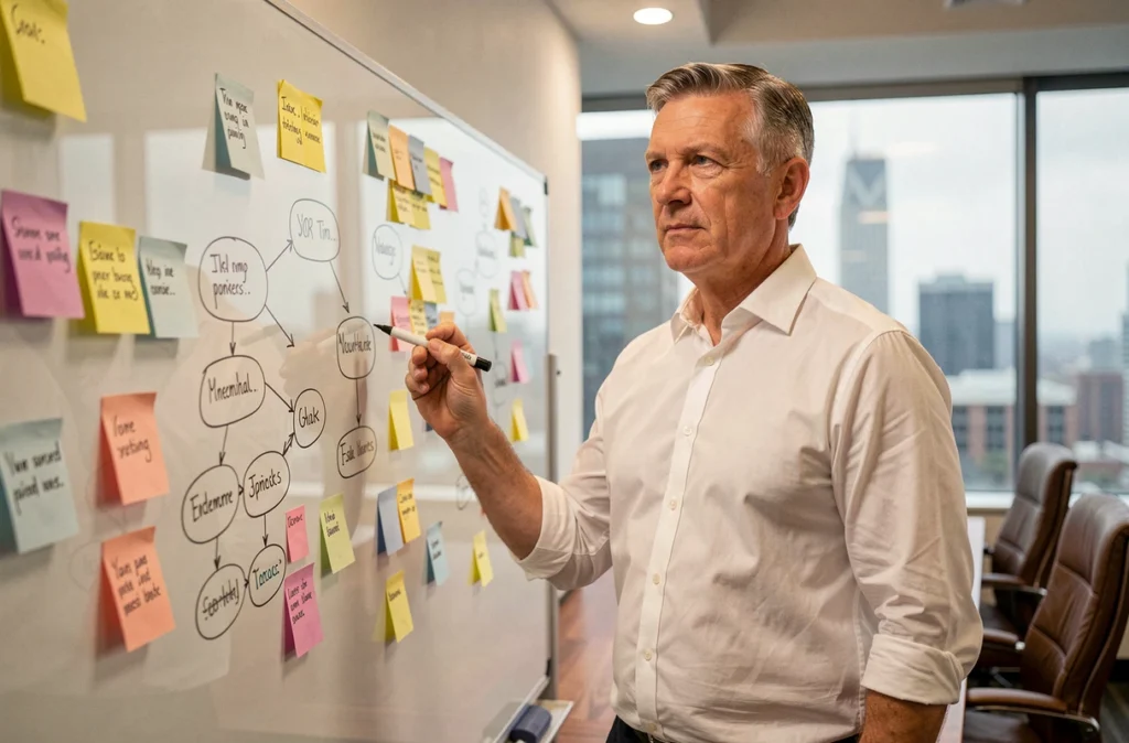 PDG réfléchissant à sa stratégie de bien-être des salariés devant un tableau blanc dans une salle de réunion d'entreprise