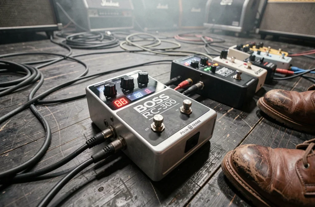 Pédale BOSS RC-300 Loop Station en gros plan sur scène entourée d'autres pédales d'effets