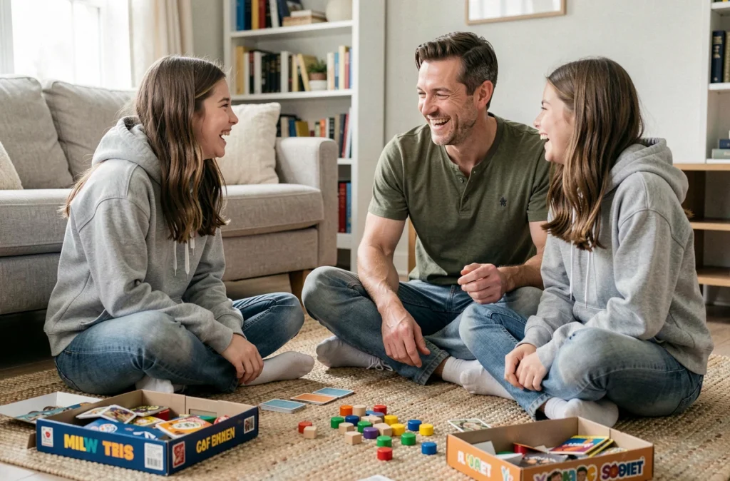 Père et ses deux filles adolescentes riant ensemble en jouant à un jeu de société coopératif sur le sol du salon