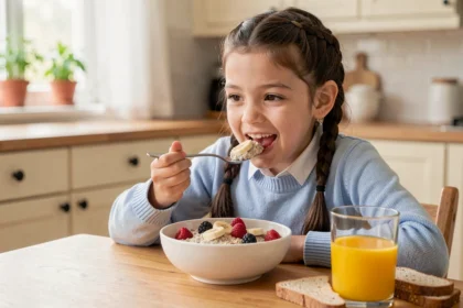 Petite fille souriante mangeant un petit-déjeuner équilibré avec céréales, fruits frais et jus d'orange à la table de la cuisine