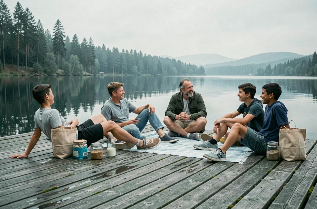 Famille détendue après un pique-nique au bord d'un lac sur un ponton en bois, avec des affaires bien rangées dans des contenants réutilisables