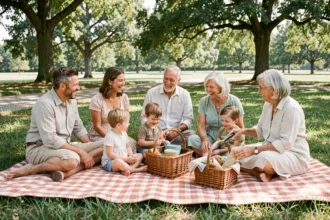Famille multigénérationnelle attablée sur une couverture de pique-nique dans un parc verdoyant, avec des contenants réutilisables et une ambiance détendue sans gaspillage