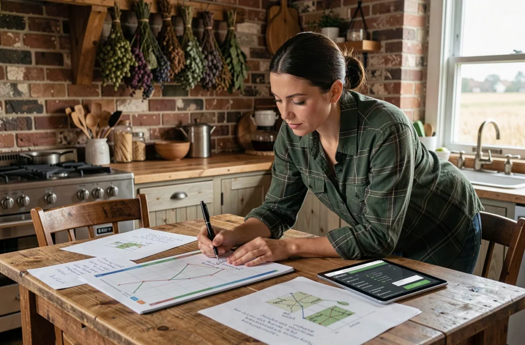 Femme agricultrice planifiant sa stratégie de saison sur une tablette avec des fiches de rotation des cultures dans une cuisine de ferme