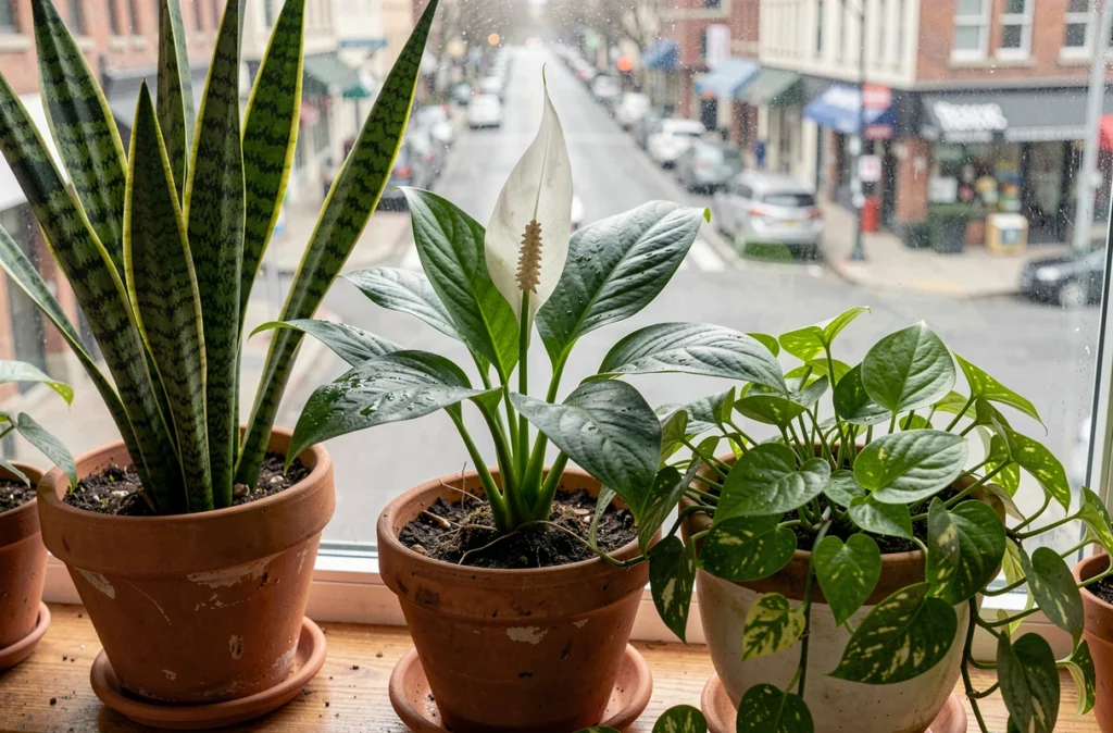 Plantes purificatrices d'air sur un rebord de fenêtre d'appartement urbain incluant snake plant et pothos
