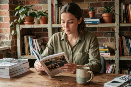Une femme parcourt un magazine indépendant dans un bureau éditorial chaleureux, entourée de publications et de plantes, évoquant la rencontre entre créateurs et lecteurs sur une plateforme de presse numérique.