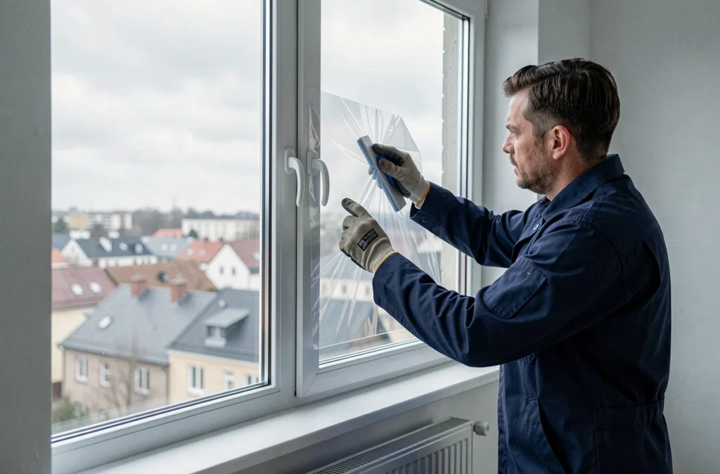 Homme posant un film isolant transparent sur une grande fenêtre d'appartement moderne pour réduire les pertes de chaleur