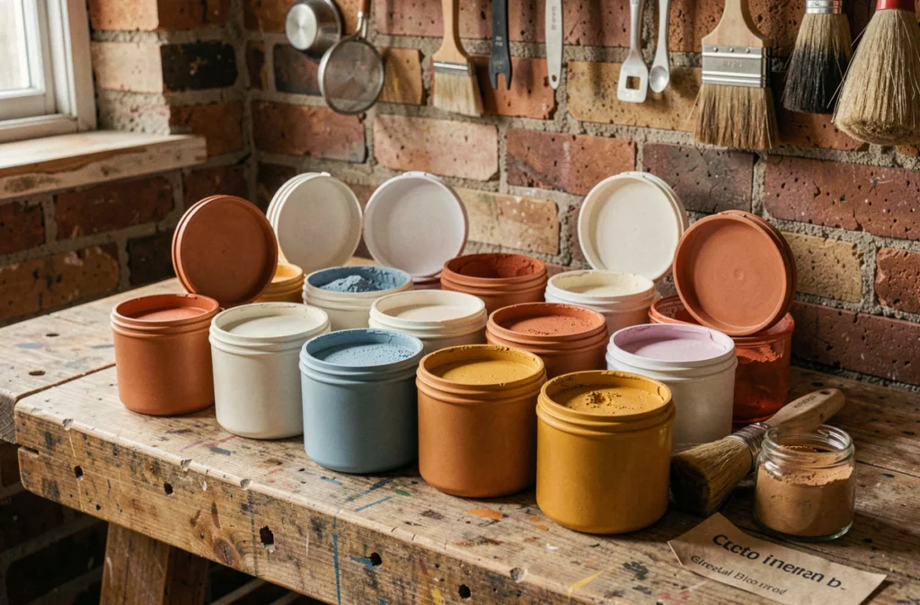 Assortiment de pots de peinture écologique aux pigments naturels posés sur un établi en bois brut
