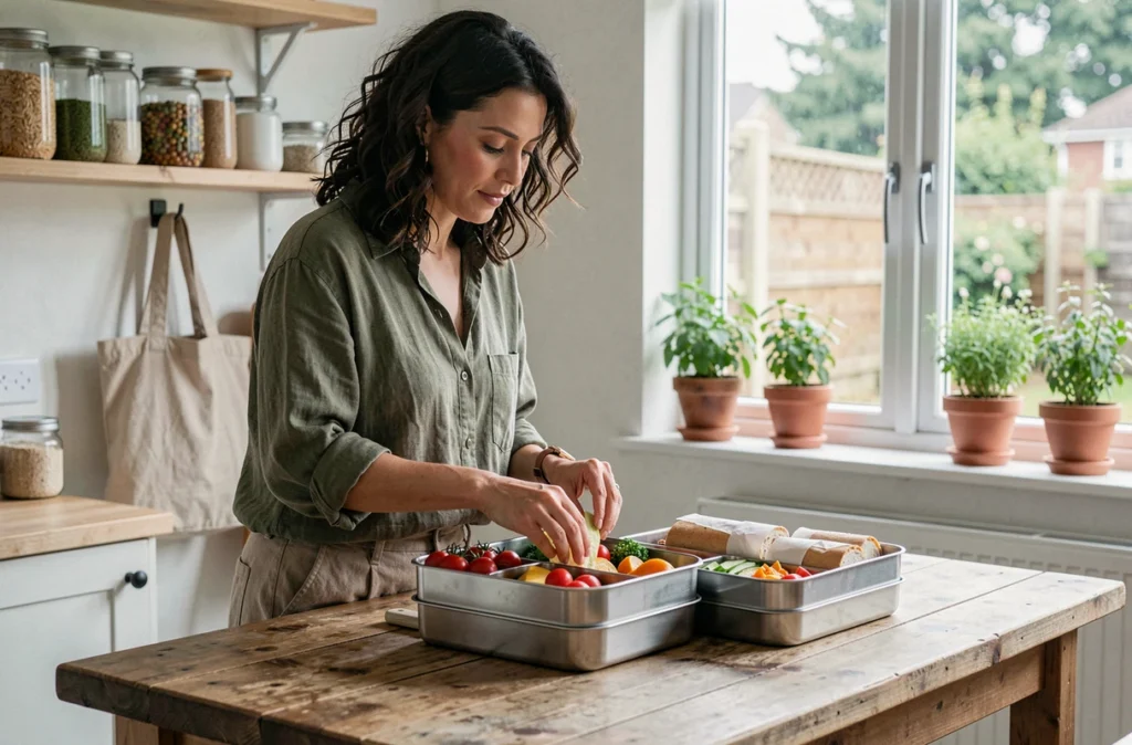 Femme préparant un pique-nique zéro déchet dans sa cuisine avec des boîtes en inox réutilisables et des aliments frais colorés