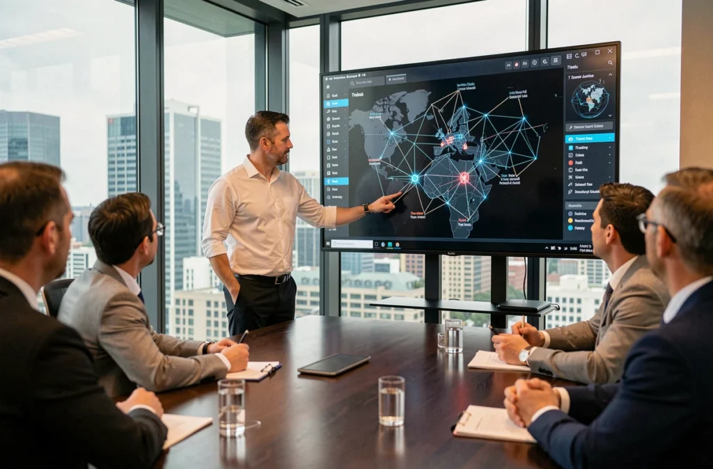 Consultant en sécurité informatique présentant une carte des cybermenaces à des dirigeants d'entreprise en salle de conférence