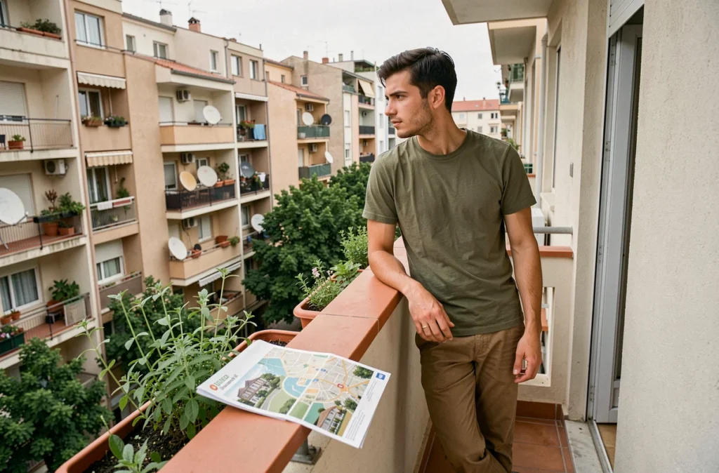 Jeune primo-accédant sur le balcon de son petit appartement moderne, contemplant le paysage urbain dense avec des documents immobiliers