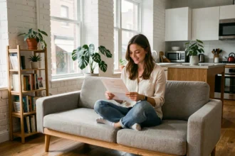 Jeune primo-accédante dans un petit appartement studio bien aménagé, examinant des documents d'achat immobilier avec le sourire