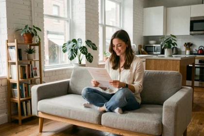 Jeune primo-accédante dans un petit appartement studio bien aménagé, examinant des documents d'achat immobilier avec le sourire