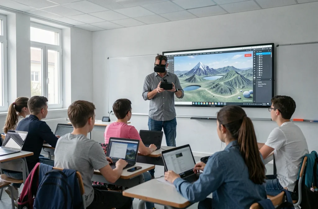 Enseignant français présentant un casque VR à ses élèves devant un tableau numérique interactif en classe