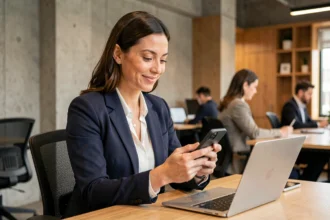 Professionnelle en blazer marine utilisant un réseau social professionnel sur smartphone dans un bureau moderne en open space
