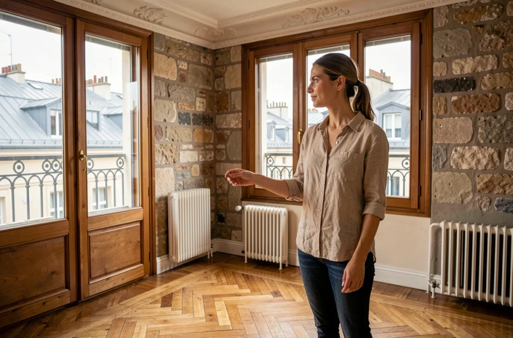 Propriétaire inspectant les nouvelles fenêtres à double vitrage dans un appartement ancien rénové à Paris