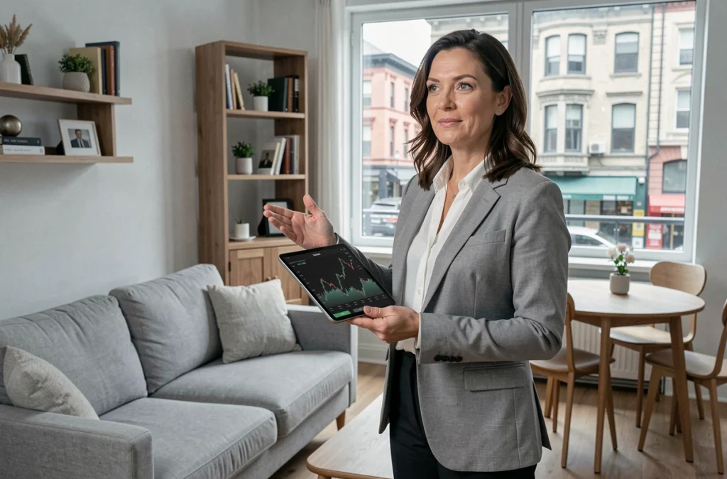 Propriétaire de location meublée tenant une tablette avec des graphiques financiers dans un appartement meublé moderne