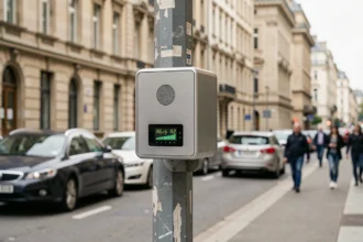 Radar acoustique urbain fixé sur un poteau de rue pour surveiller le bruit des véhicules en ville