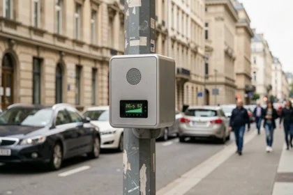 Radar acoustique urbain fixé sur un poteau de rue pour surveiller le bruit des véhicules en ville