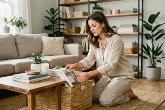 Femme rangeant son salon avec des paniers en osier et des livres sur une table basse en bois