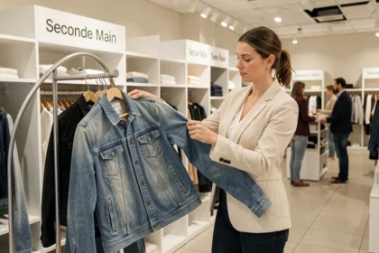 Femme examinant une veste en jean de seconde main dans un rayon dédié à la revente d'une grande enseigne de prêt-à-porter