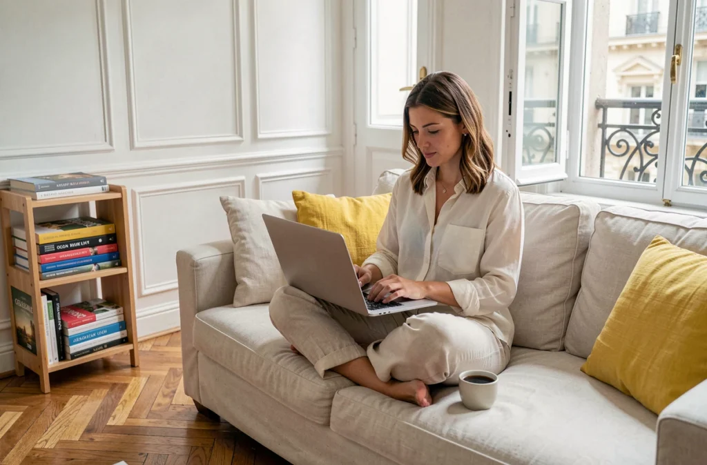 Femme consultant des offres de location sur un ordinateur portable dans un appartement meublé parisien en bail mobilité