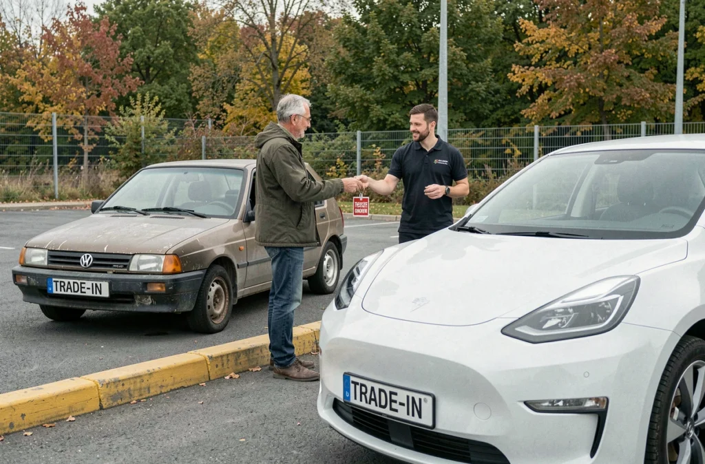 Remise des clés d'un ancien véhicule diesel en échange d'une voiture neuve électrique dans le cadre de la prime à la conversion