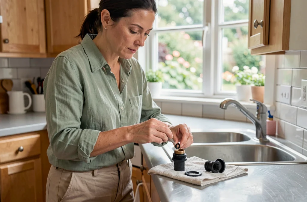Femme remplaçant un joint de robinet de cuisine pour stopper une fuite