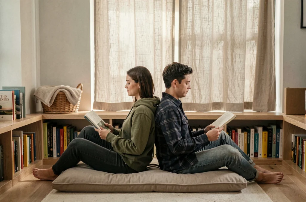 Couple lisant ensemble dans un coin lecture cosy aménagé avec des coussins et des étagères de livres pour un rituel du soir partagé