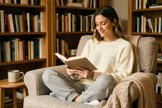 Femme installée dans un fauteuil confortable lisant un livre le soir dans un salon chaleureux aux étagères remplies de livres