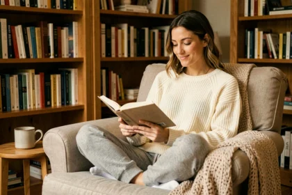 Femme installée dans un fauteuil confortable lisant un livre le soir dans un salon chaleureux aux étagères remplies de livres