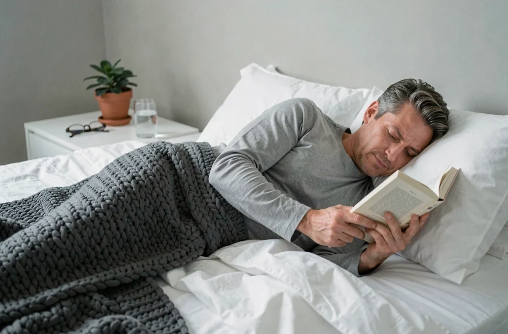 Homme allongé dans son lit lisant un livre le soir avec des draps en coton blanc et une ambiance apaisante de chambre minimaliste