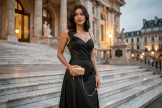 Femme élégante en robe de soirée noire tenant un minaudière doré miniature devant un opéra parisien en 2024