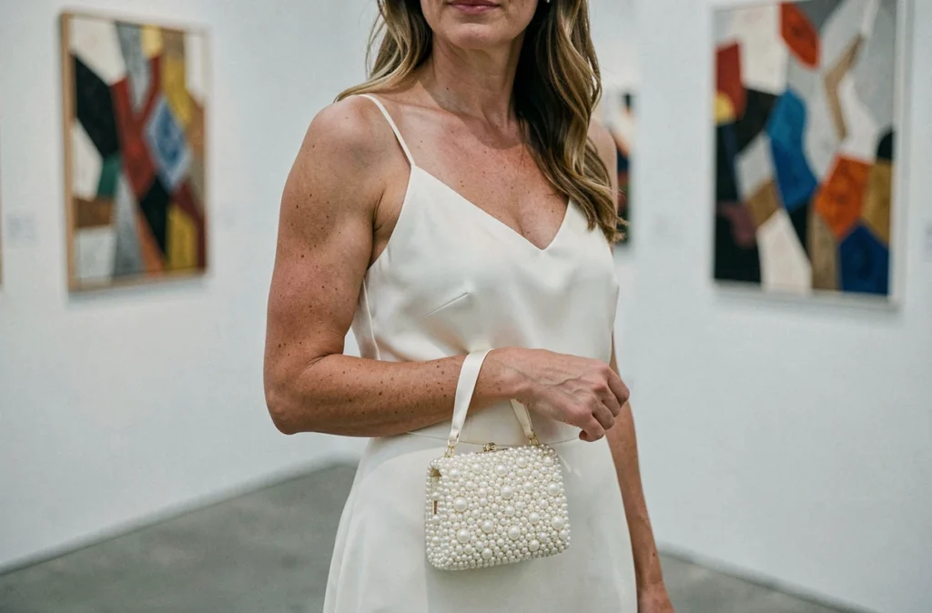 Femme en robe ivoire portant un sac de soirée perlé miniature lors d'un vernissage dans une galerie d'art contemporain