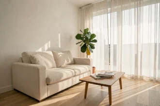 Salon moderne lumineux avec grandes fenêtres et rideaux en lin blanc laissant entrer la lumière naturelle