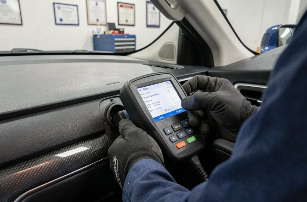 Mains d'un technicien connectant un scanner OBD-II pour les nouvelles vérifications électroniques obligatoires du contrôle technique